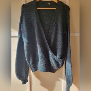 Free People Teal-Blue Wrap V-Neck Sweater